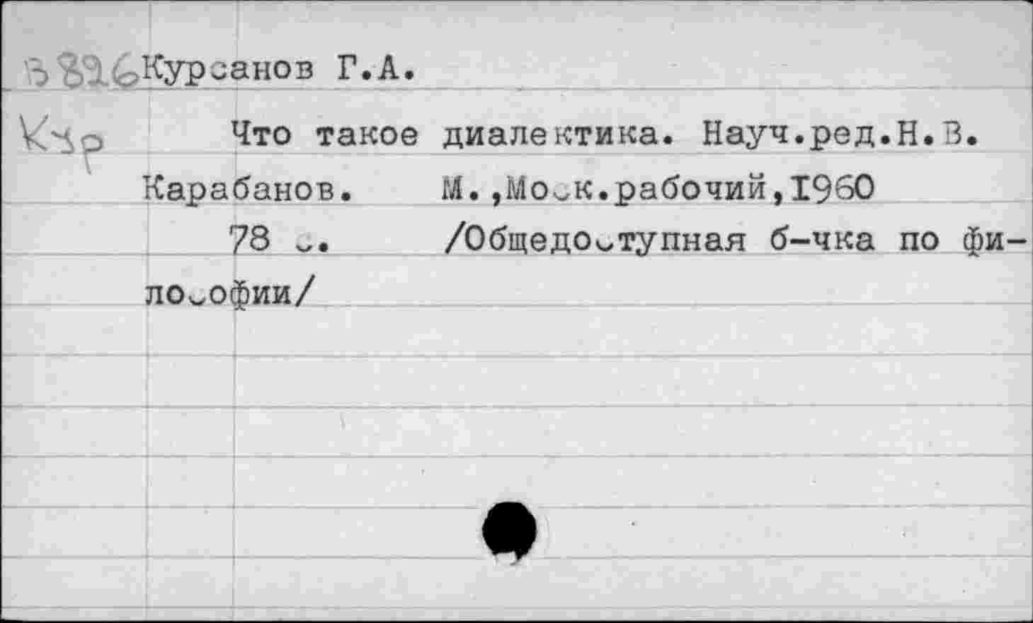 ﻿. Курганов Г.А.
	Что такое диалектика. Науч.ред.Н.В.
г 	]	барабанов.	М. ,МОсК.рабочий, 1960
	78	/Общедоступная б-чка по фи
	ЛОсОфИи/